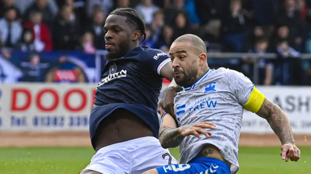 Dundee's Billy Koumetio and Kilmarnock's Kyle Vassell