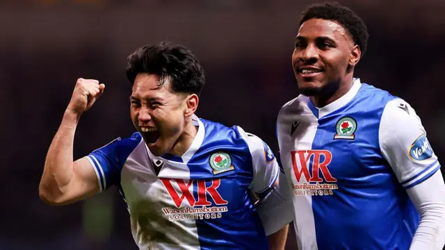 Ryoya Morishita and Oladapo Afolayan celebrate after Blackburn Rovers beat Preston North End