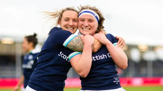 Chloe Rollie celebrates with Rachel McLauchlan 