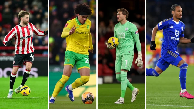 Patrick Bamford of Sheffield United, Norwich's Jovon Makama, Preston goalkeeper Daniel Iversen and Leicester midfielder Bobby De Cordova-Reid in action for their clubs