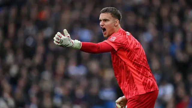 Brighton goalkeeper Bart Verbruggen shouts instructions to his team-mates during the Premier League match against Crystal Palace