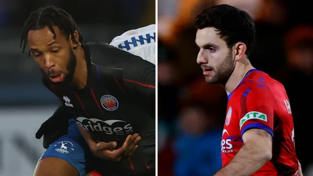 Kwame Thomas, left, wearing Aldershot's black away strip, challenges for the ball against Hartlepool. Hady Ghandour, right, wearing Aldershot's red home shirt, in action in February against Yeovil Town in a National League game.