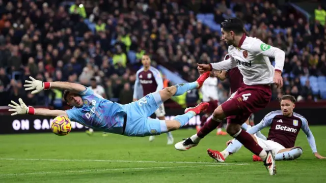 Emiliano Martinez of Aston Villa makes a save from Carlos Soler of West Ham