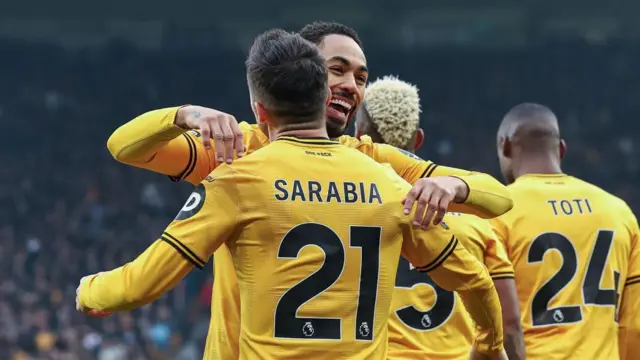 Pablo Sarabia celebrates scoring against Southampton with Wolves team-mate Matheus Cunha