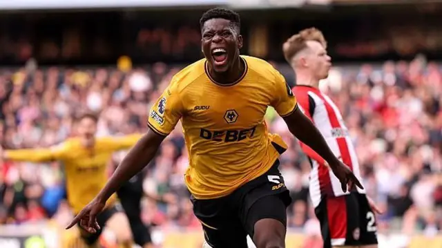 Marshall Munetsi celebrates after scoring for Wolves against Brentford in the Premier League