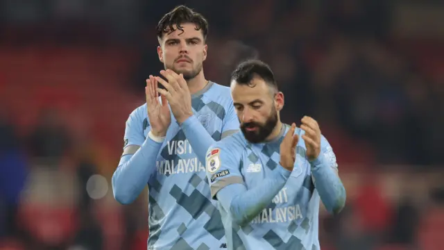 Ollie Tanner and Manolis Siopis clap Cardiff's fans after their draw at Middlesbrough over the weekend 