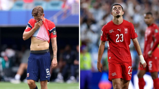 A split image of disappointed looking David Moller Wolfe of Norway putting his red playing shirt over his face and Zeki Amdouni in an all red Switzerland kit with his eyes looking to the sky