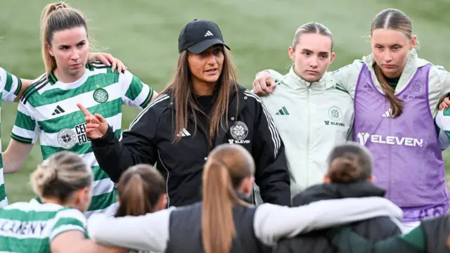 Celtic head coach Elena Sadiku addressing her squad