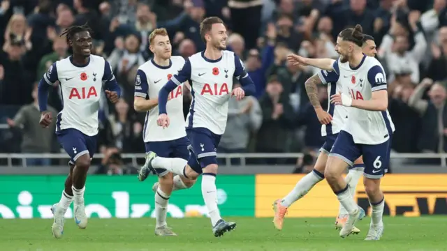 James Maddison of Tottenham Hotspur celebrates after scoring his team's fourth goal from a free kick during the Premier League match between Tottenham Hotspur FC and Aston Villa FC at Tottenham Hotspur Stadium