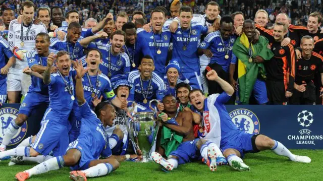 Chelsea players celebrate winning the Champions League against Bayern Munich in 2012