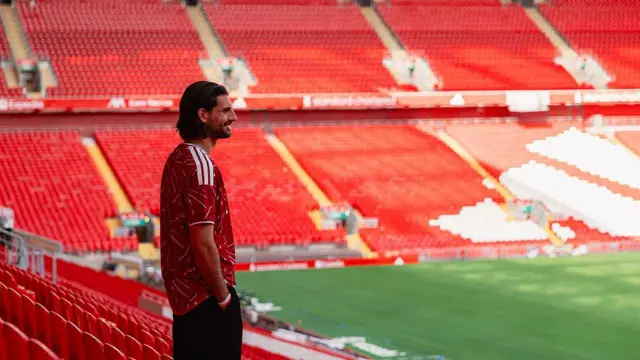 Dominic Szoboszlai of Liverpool poses for photos at Anfield after signing new contract