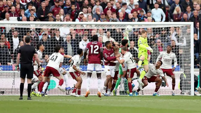 Corner action between West Ham and Arsenal