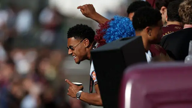 Ollie Watkins of Aston Villa celebrates on the bus 