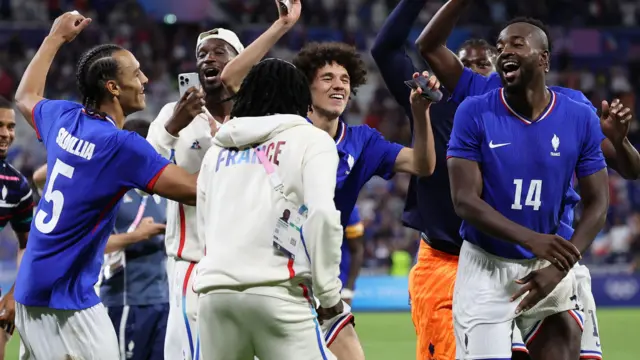 France players celebrate reaching the Olympic men's football final