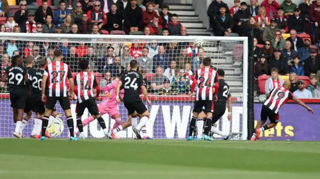 Bryan Mbeumo scores for Brentford against West Ham