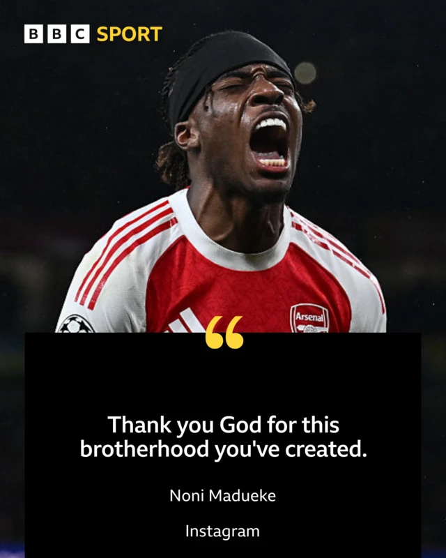 Noni Madueke graphic with his Instagram caption; 'Thank you God for this brotherhood you've created.'