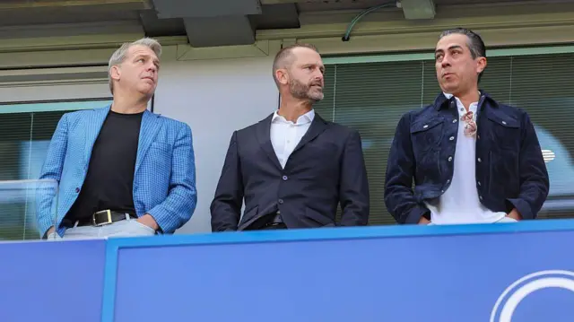 Todd Boehly co-owner of Chelsea FC with Sporting Director Paul Winstanley and fellow co-owner Behdad Eghbali