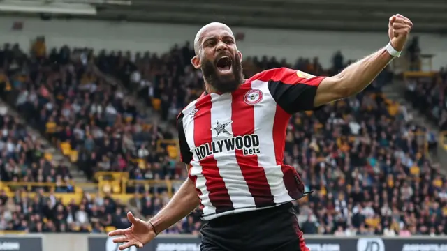 Bryan Mbeumo celebrates scoring for Brentford