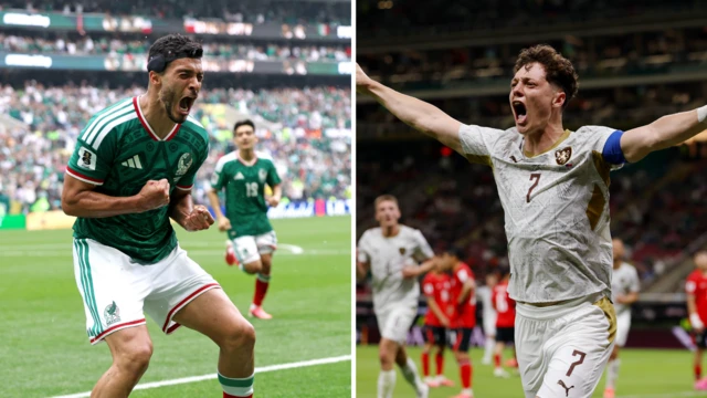 Side-by-side images of Raul Jimenez, wearing Mexico's green home kit with red and white trim, clenching his fist and shouting to celebrate his goal against South Africa, and Ladislav Krejci, wearing the Czech Republic's white away kit with gold accents, celebrating his goal with his arms outstretched.