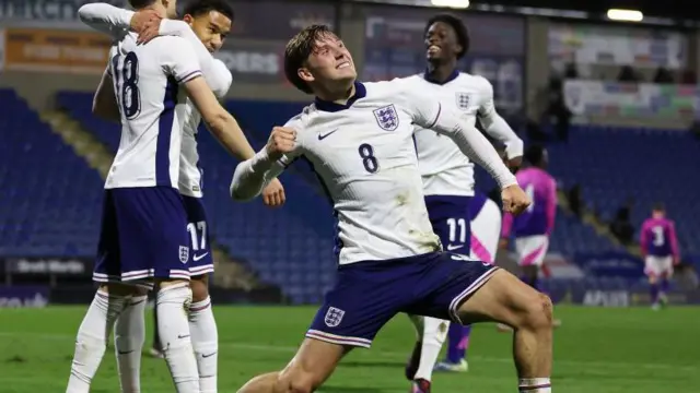 Sydie Peck celebrating his first international goal for England Under-20s