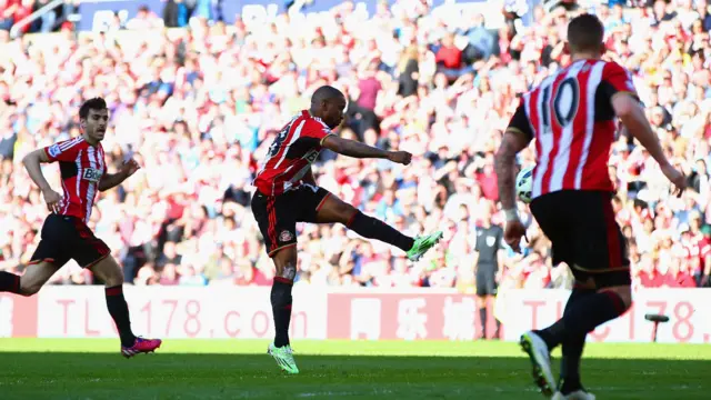 Jermain Defoe hits a volley for Sunderland against Newcastle