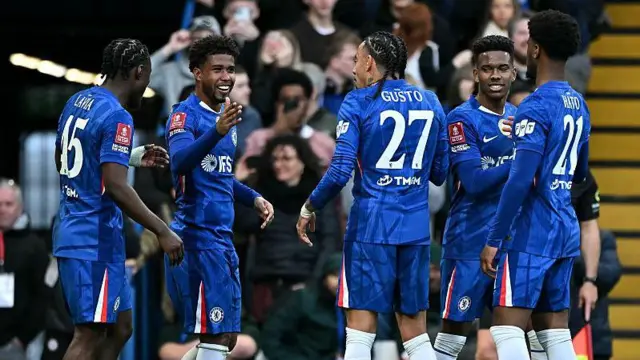 Chelsea's Brazilian midfielder #17 Andrey Santos (2L) celebrates scoring the team's fifth goal 