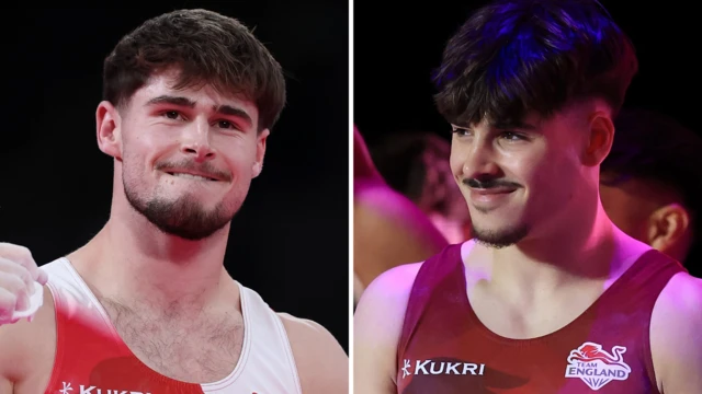 On the left, Adam Tobin, wearing England's white and red vest, pumps his fists during the men's all around gymnastics final at the Commonwealth Games. On the right, Gabriel Langton, wearing England's red vest, smiles as he walks out for the men's team gymnastics final at the Commonwealth Games.