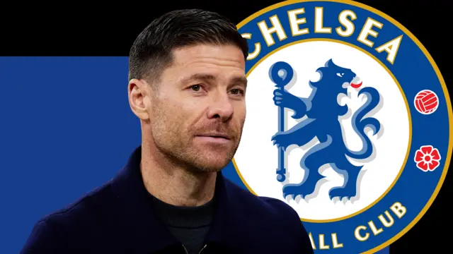 A graphic of Xabi Alonso in front of a blue and black background and the Chelsea club badge