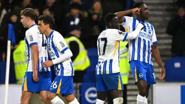 Danny Welbeck celebrates with his Brighton team-mates after scoring against Bournemouth in the Premier League