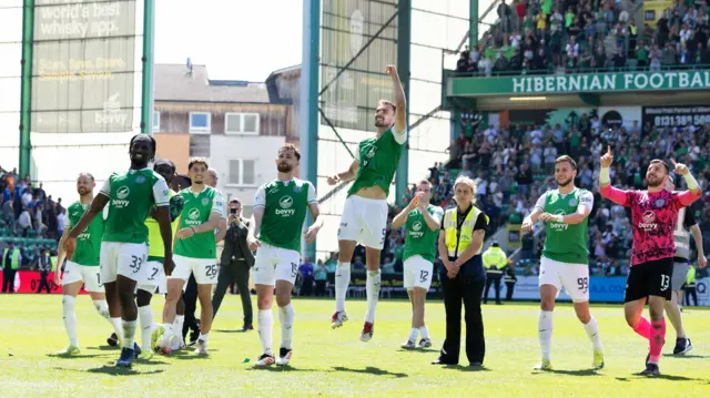 Hibs players celebrate at Easter Road