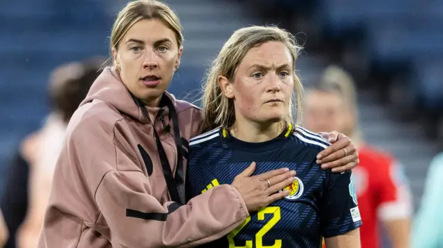 Scotland's Erin Cuthbert (R) and Nicola Docherty at full time during a UEFA Women's Nations League A Group 1 match between Scotland and Austria at Hampden Park