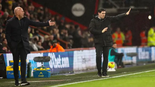 Head coaches Arne Slot of Liverpool and Andoni Iraola of Bournemouth on the sideline