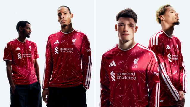 Liverpool players Alexander Isak, Virgil van Dijk, Florian Wirtz and Hugo Ekitike model the new home kit.