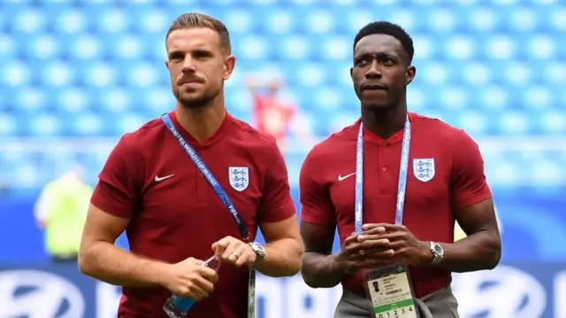 Jordan Henderson and Danny Welbeck of England look on during pitch inspection prior to the 2018 FIFA World Cup Russia Quarter Final match between Sweden and England. 