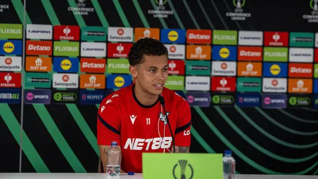 Brennan Johnson of Crystal Palace, speaks to the media