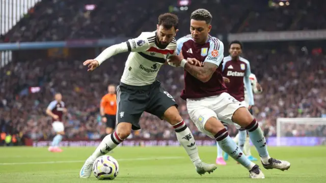 Bruno Fernandes of Manchester United and Morgan Rogers of Aston Villa battle for possession