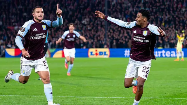 Emiliano Buendia celebrates after scoring with team-mate Ian Maatsen