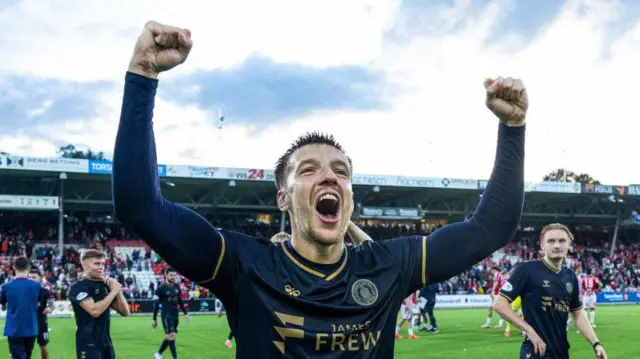 Kilmarnock's Brad Lyons celebrates at full time during a UEFA Conference League qualifying match between Tromso and Kilmarnock at the Romssa Arena, on August 15, 2024, in Tromso, Norway. (Photo by Craig Foy / SNS Group)