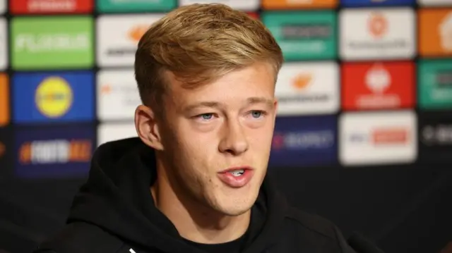 Connor Barron during a Rangers press conference at the Merkur-Arena, on October 01, 2025, in Graz, Austria