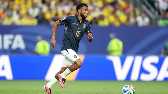 Pedro Vite #15 of Ecuador runs with the ball during the FIFA World Cup 2026 Group E match between Cote D'Ivoire and Ecuador at Philadelphia Stadium on June 14, 2026 in Philadelphia, Pennsylvania