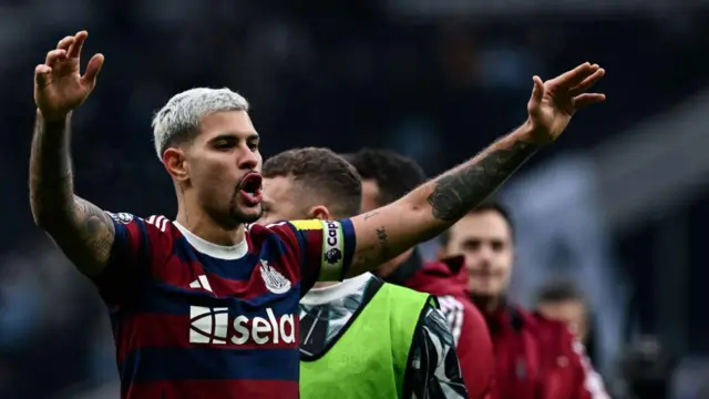 Bruno Guimaraes of Newcastle United (39) sings with the fans after Newcastle win during the Premier League match between Tottenham Hotspur FC and Newcastle United FC at Tottenham Hotspur Stadium