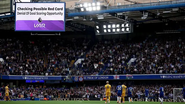 A message is displayed on the screen during a VAR review. It reads: 'Checking Possible Red Card - Denial Of Goal Scoring Opportunity'