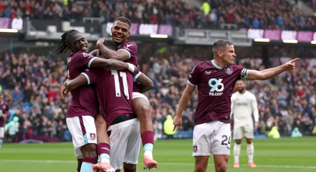 Burnley players celebrate their goal against Nottingham Forest