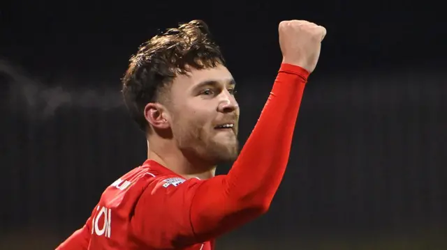 Ben Wilson celebrates scoring for Cliftonville against Crusaders at Solitude