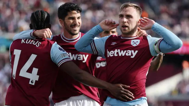 Jarrod Bowen of West Ham United celebrates scoring to put the Hammers into the lead against Bournemouth. 