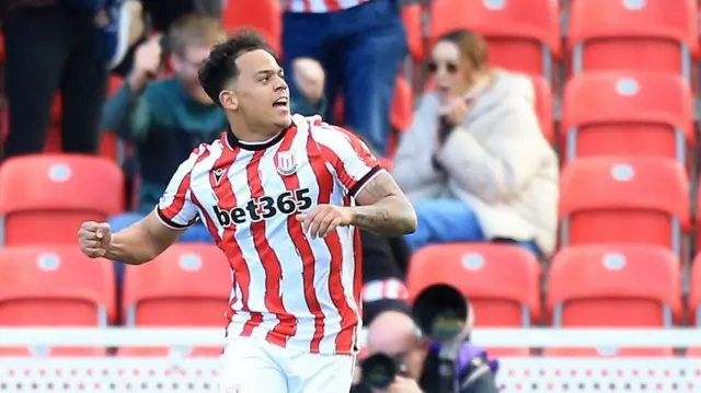 Stoke City's Million Manhoef punches the air in celebration after scoring against Watford