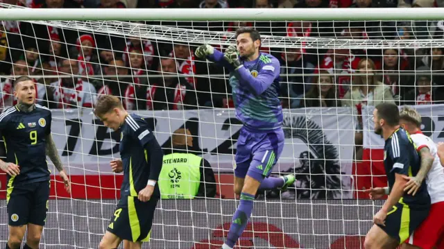 Scotland's Craig Gordon punches the ball clear during the UEFA Nations League 2024/25 League A Group A1 match between Poland and Scotland at the PGE Narodowy