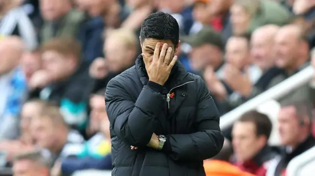 Mikel Arteta, Manager of Arsenal, reacts during the Premier League match between Newcastle United FC and Arsenal FC at St James' Park