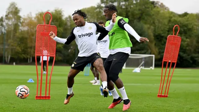 Raheem Sterling and Axel Disasi in Chelsea training