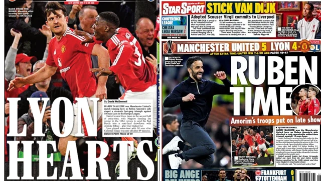 Newspaper back pages with details of Manchester United's win